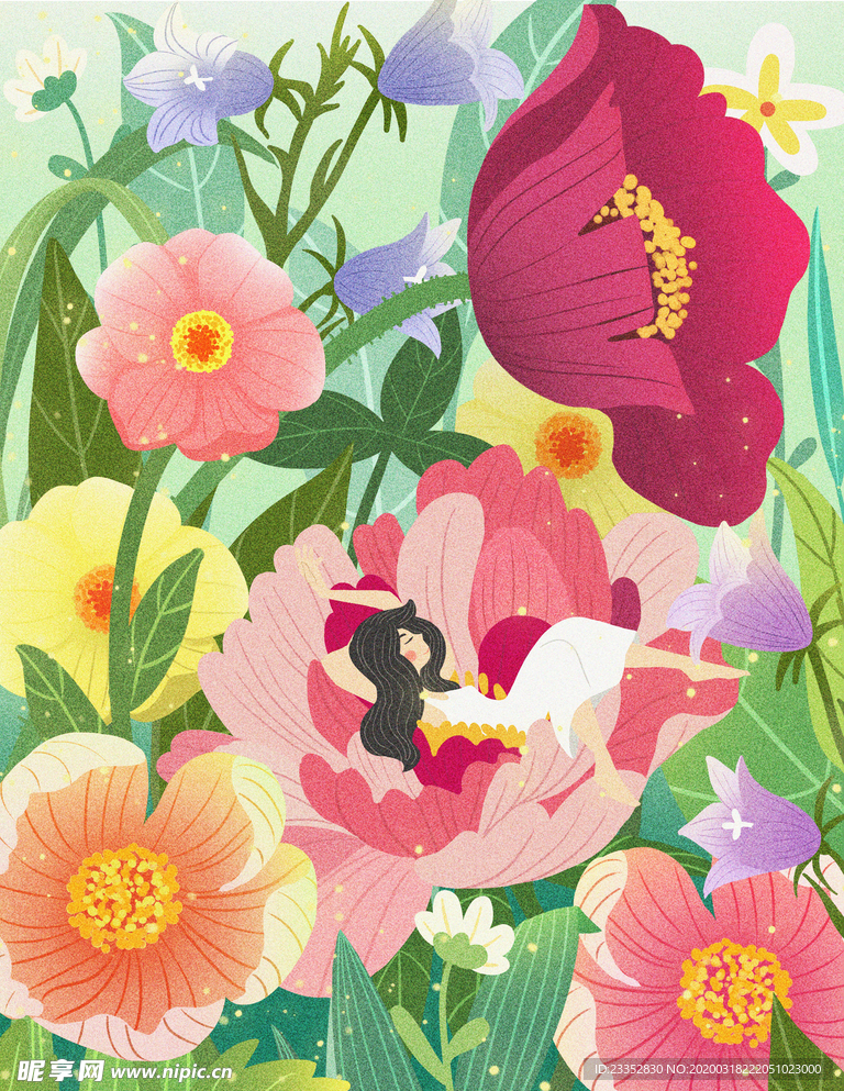 春分时节繁花盛开肌理插画