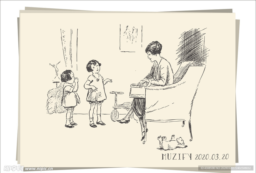 两姐妹与母亲 素描画