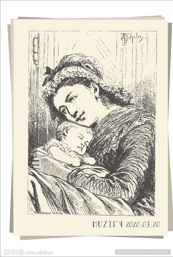 母亲与睡着的宝宝 素描画