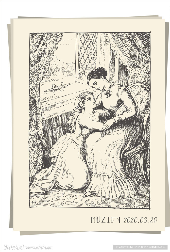 窗前的母亲与女儿 素描画