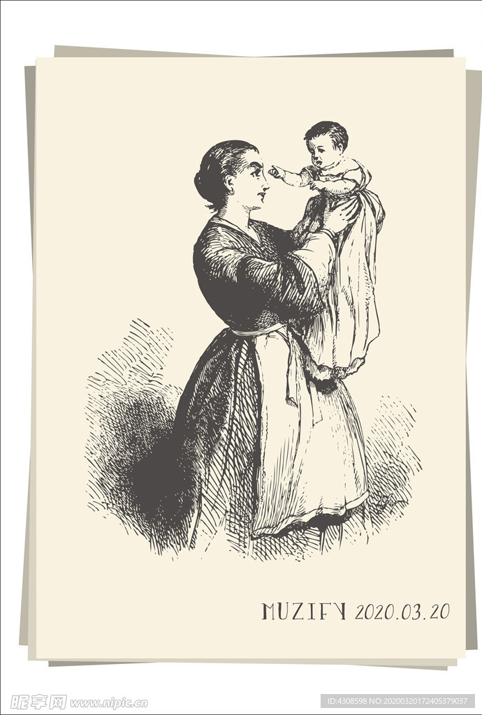 母亲与小宝宝 素描画