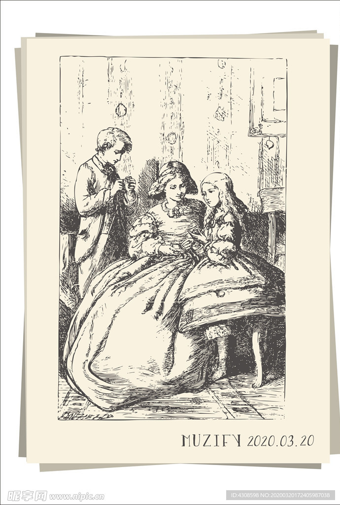 母亲与子女 素描画