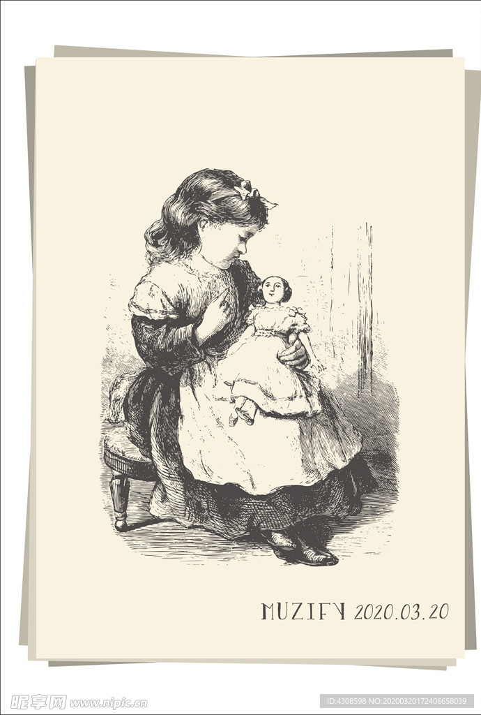 女孩儿与洋娃娃 素描画