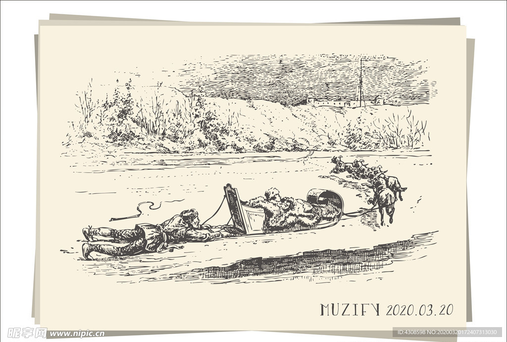 推雪橇车的男子 素描画