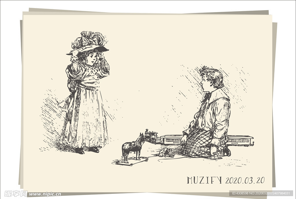 玩游戏的姐弟俩 素描画