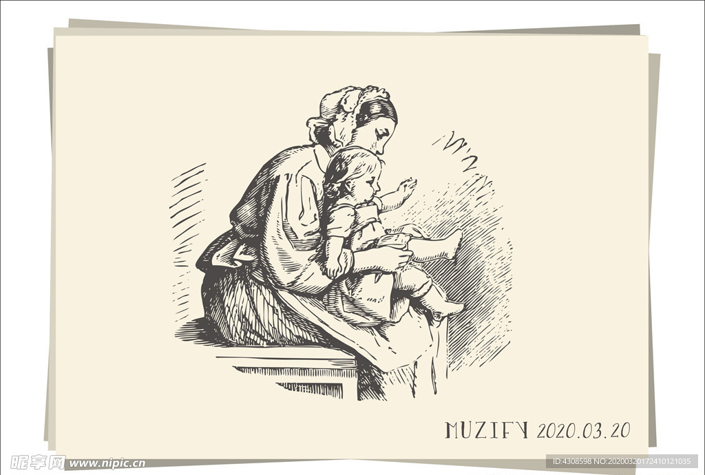 母亲与孩子 素描画