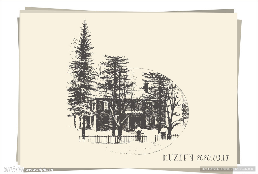 冬季雪景 素描画