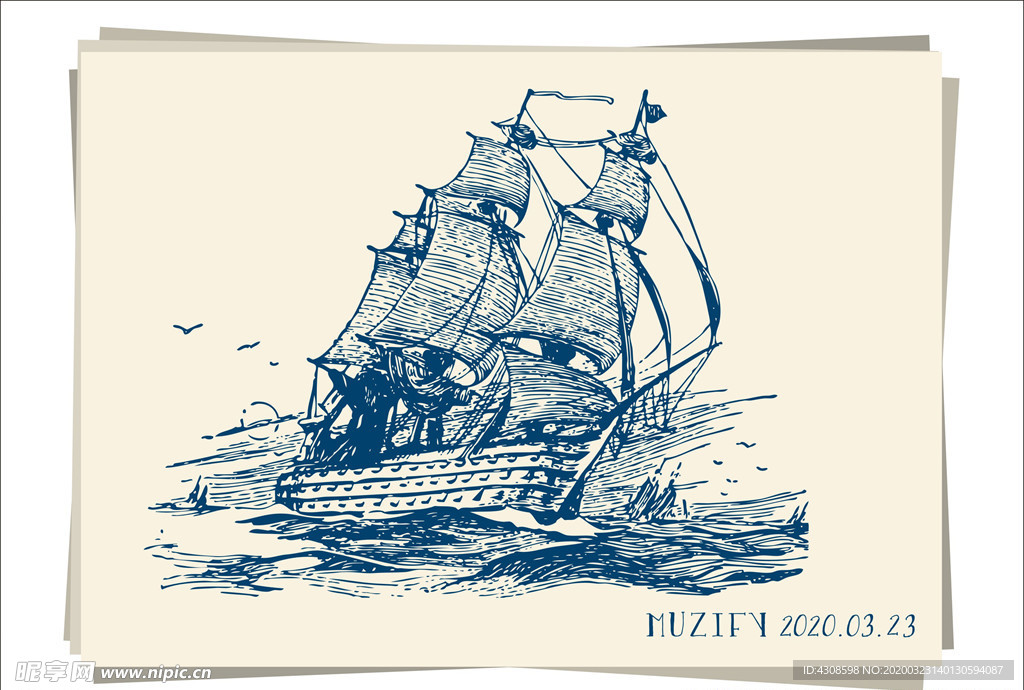 帆船邮轮素描画