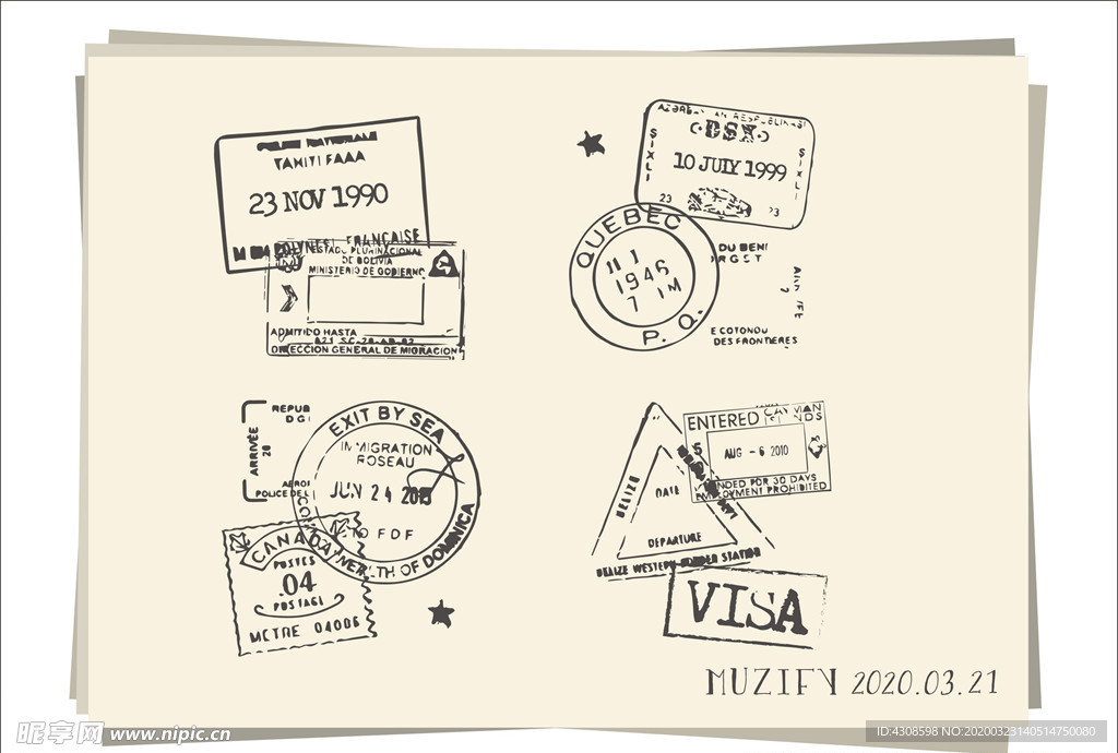 4款入复古邮戳素描画