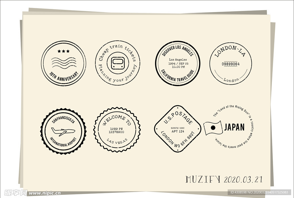 8款入复古邮戳素描画