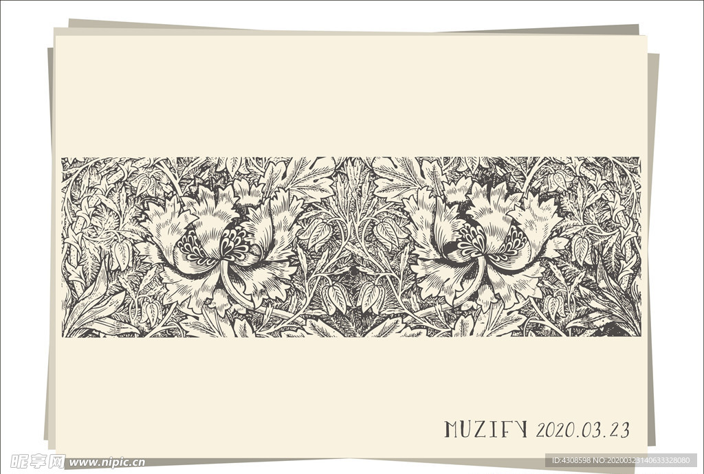 复古花卉花边素描画