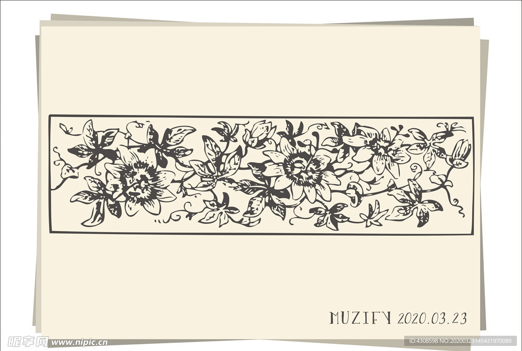 复古花卉花边素描画