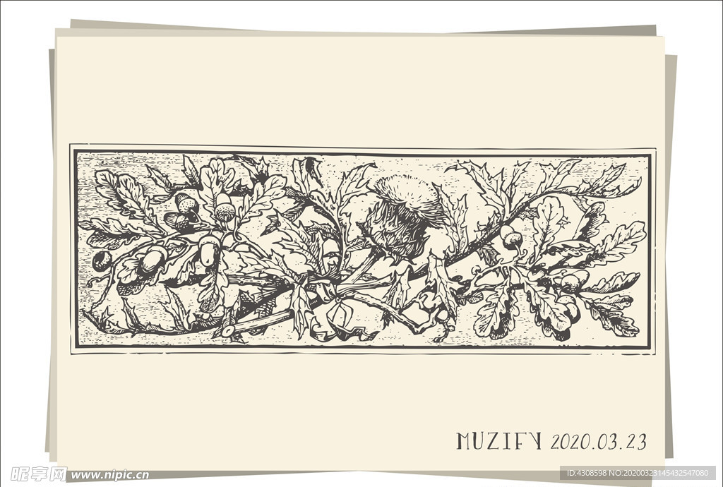 复古花卉花边素描画