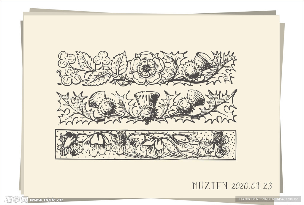 3款复古花卉花边素描画