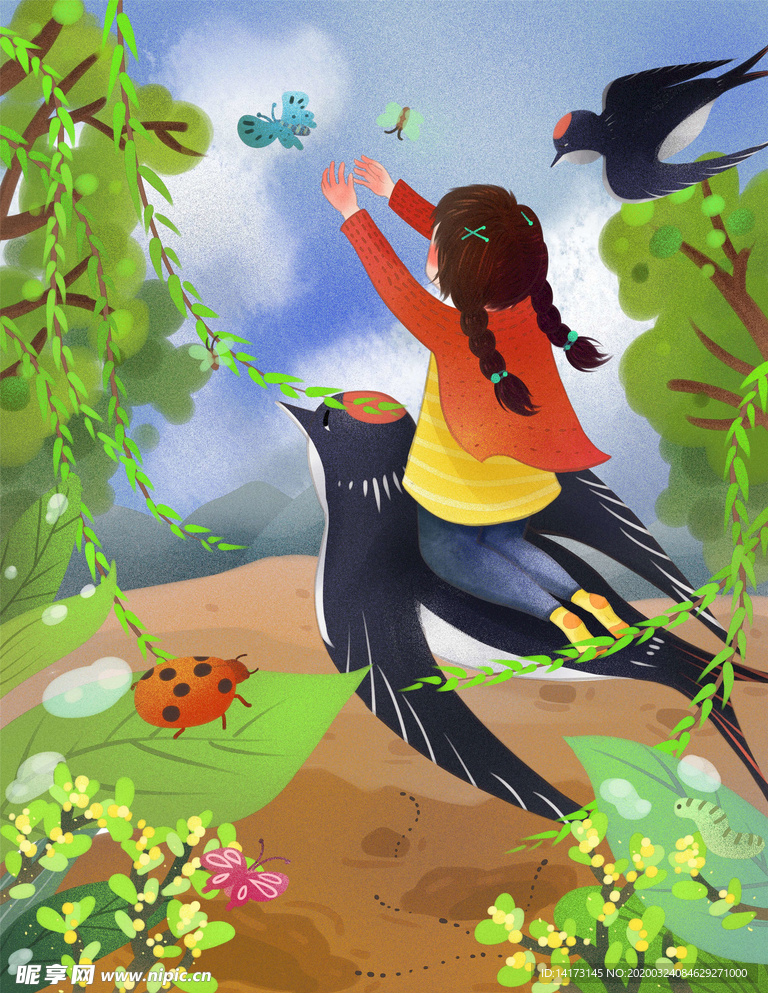 手绘惊蛰坐着燕子的女孩插画图片
