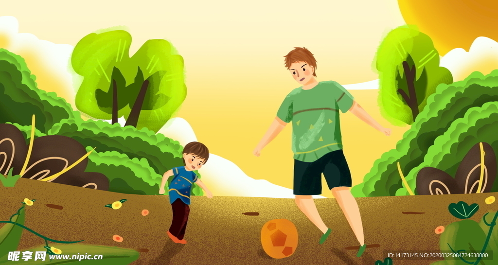父子踢球插画图片