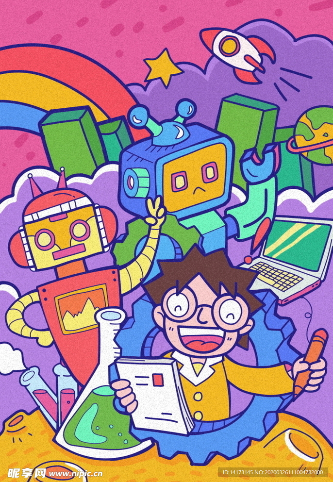 手绘蒸汽波男孩机器人科技插画