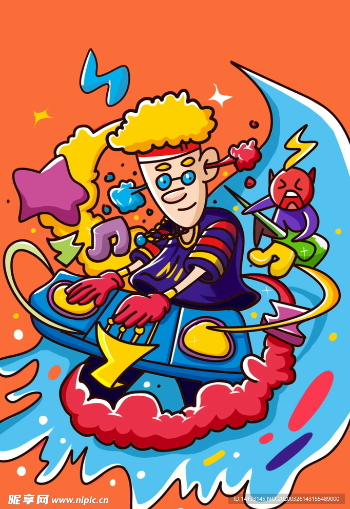 蒸汽波DJ打碟男孩帅哥插画图片
