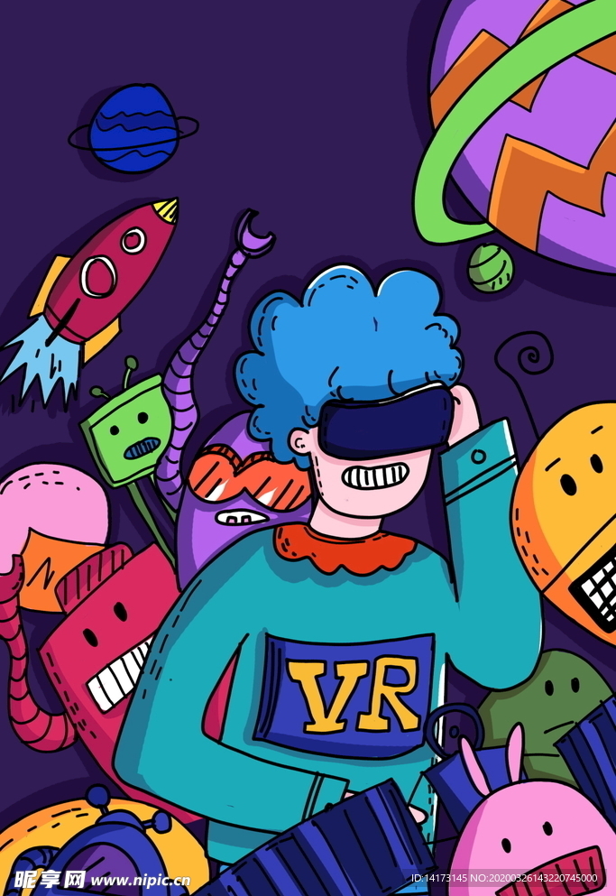 手绘蒸汽波男孩VR科技插画