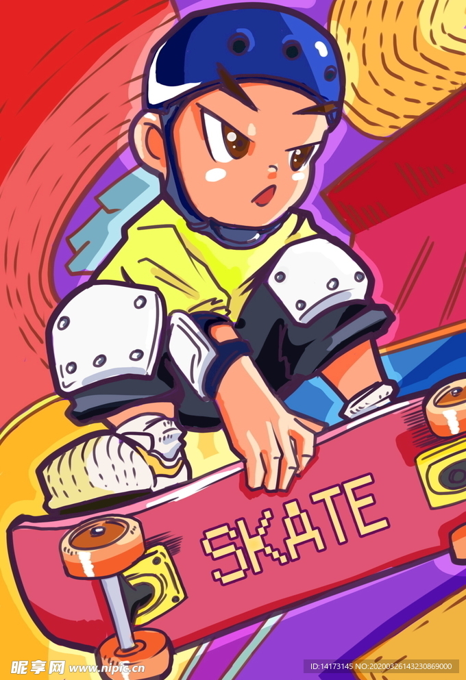 蒸汽波时尚滑板男孩插画