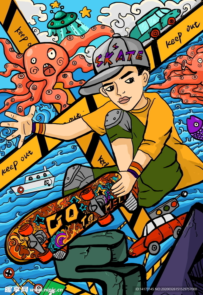 蒸汽波时尚滑板男孩插画