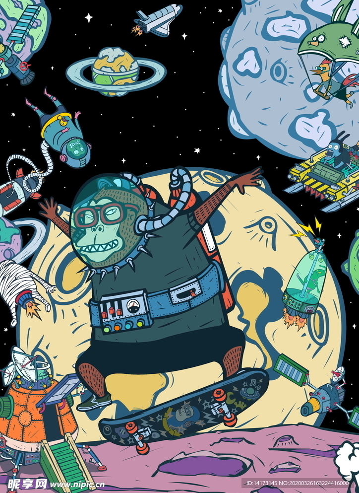 蒸汽波时尚滑板猩猩插画