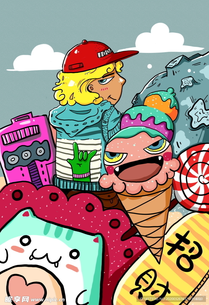 蒸汽波音乐男孩插画