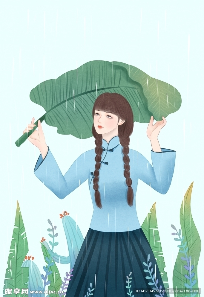 古典树叶女孩插画