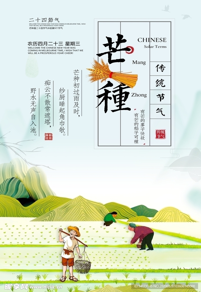 芒种插秧插画海报