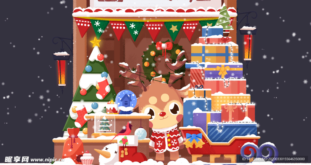 驯鹿圣诞礼品店日式手绘插画