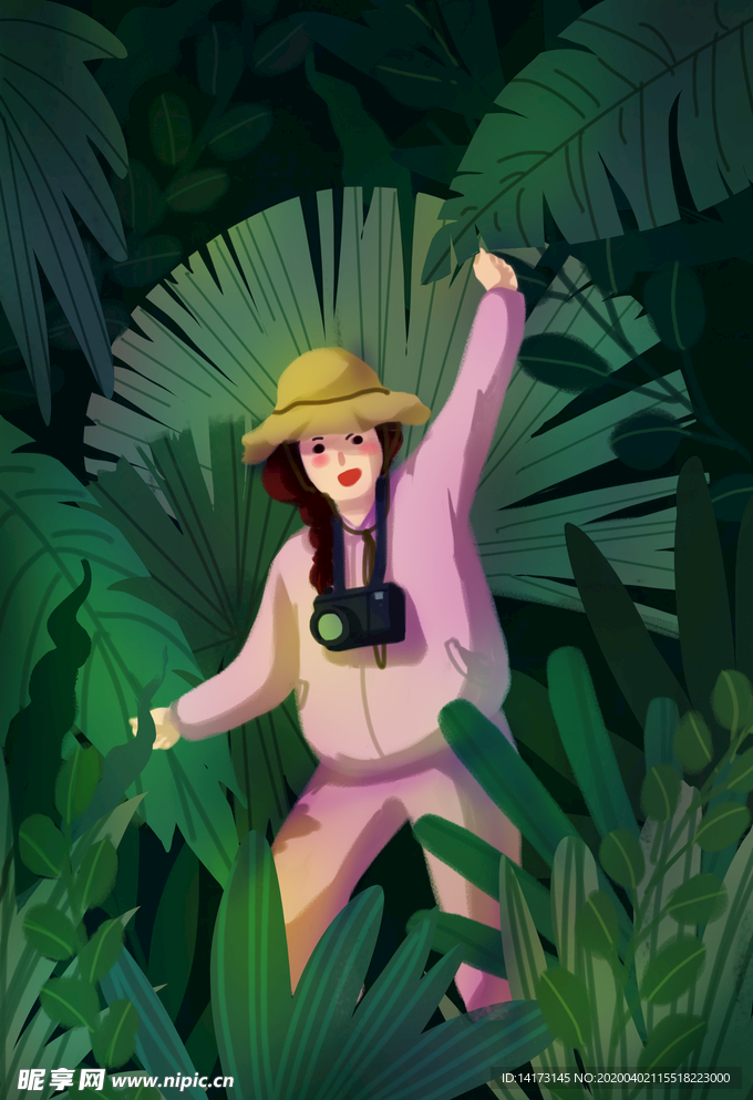 丛林相机女孩插画
