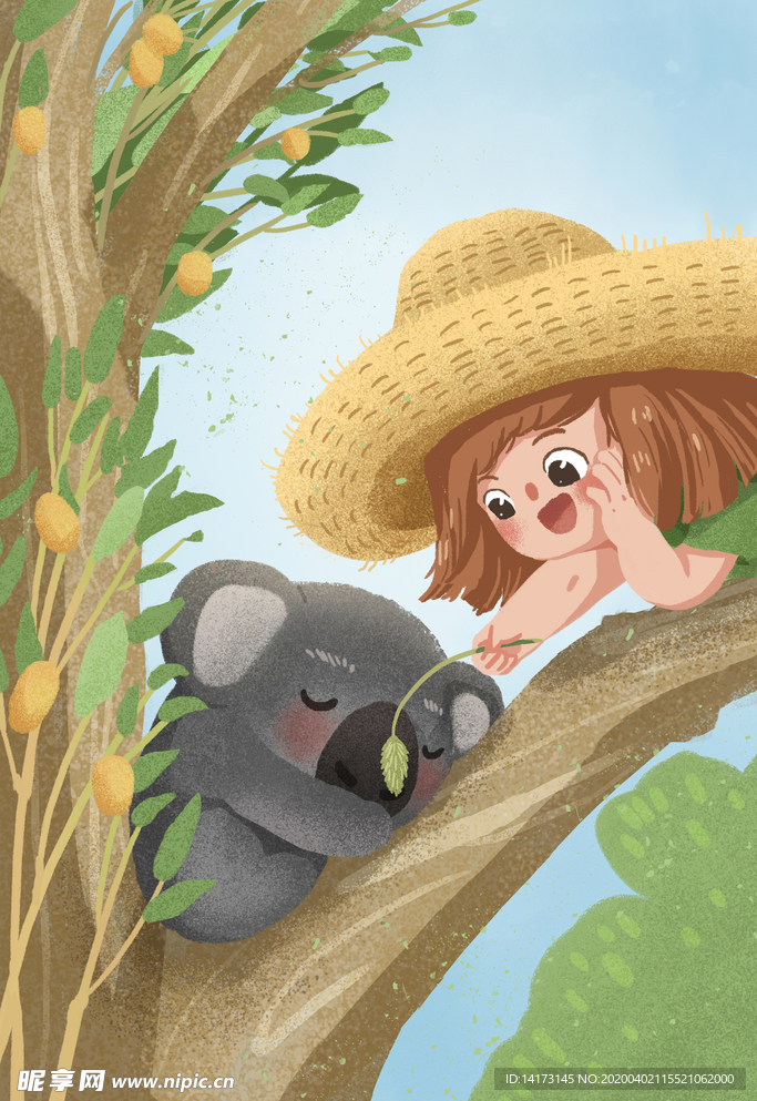 女孩和考拉插画图片