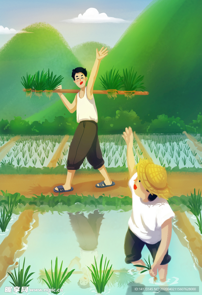 夏季田间插秧人物插画图片