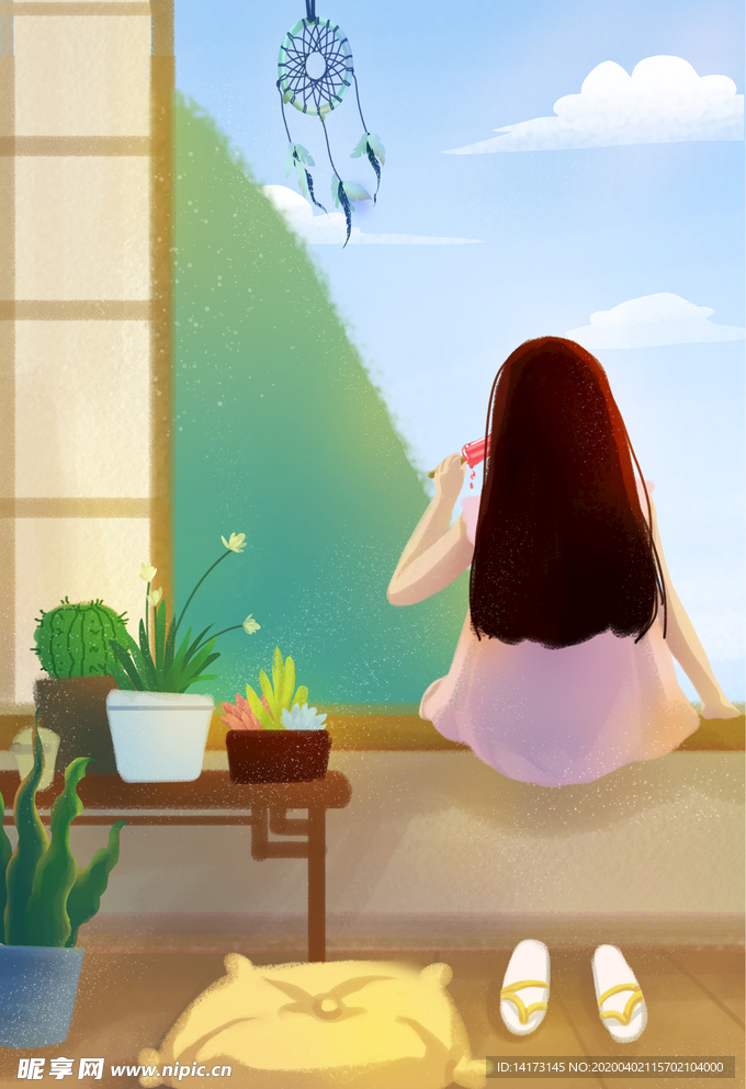 夏季窗台吃冰棒的女孩插画