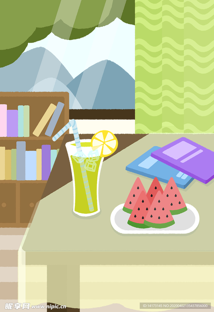 桌上西瓜饮料插画