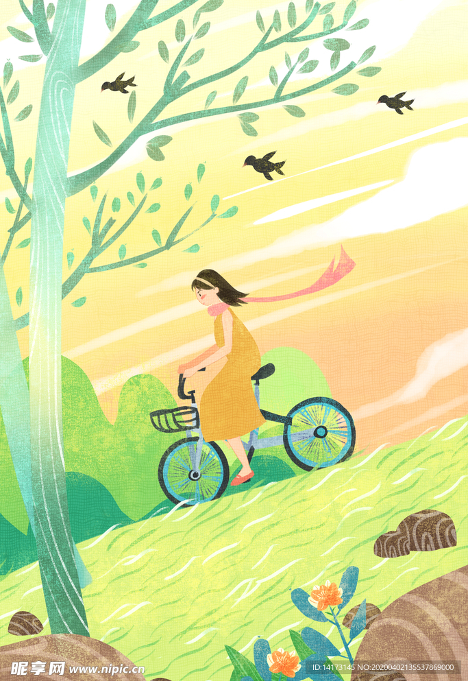 手绘夏天骑车女孩插画