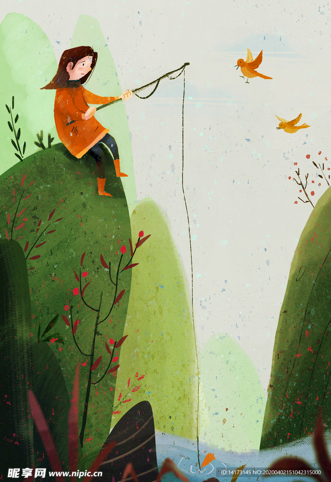 钓鱼女孩插画