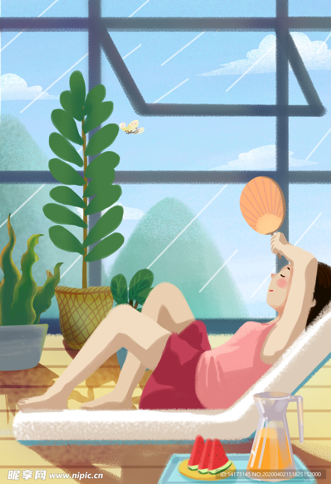 夏天乘凉女孩插画