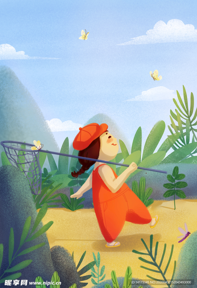 夏天扑蝶女孩插画