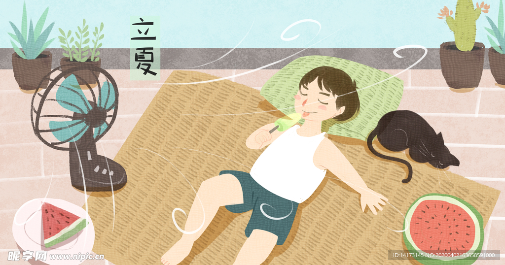 乘凉吃西瓜男孩插画