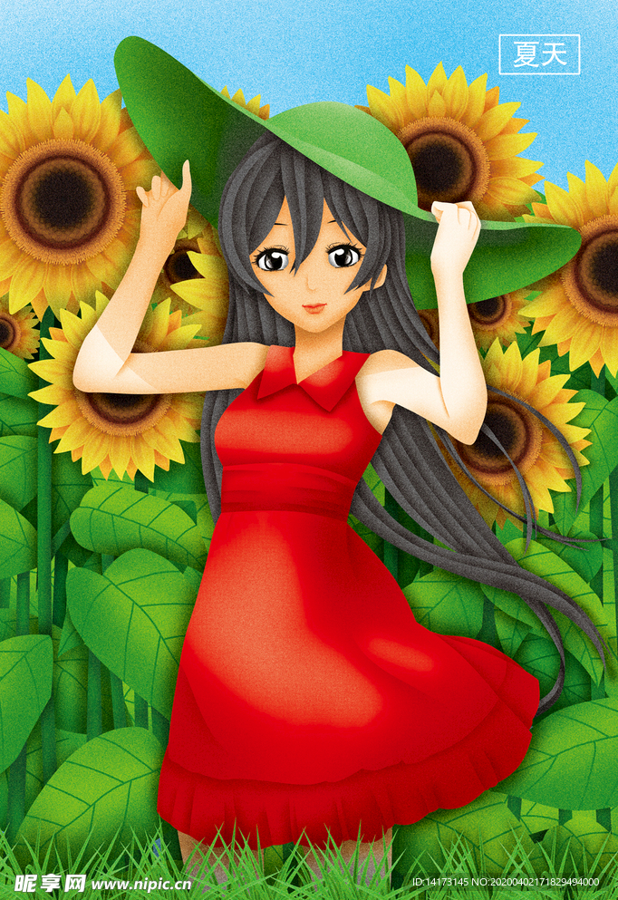 手绘向日葵与女孩图片