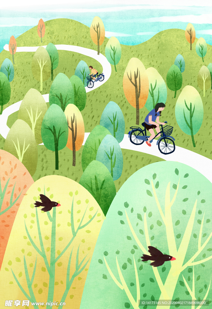 林间骑车女孩插画