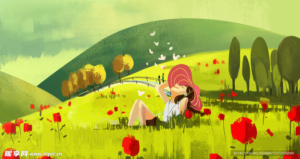 油画风草地女孩插画