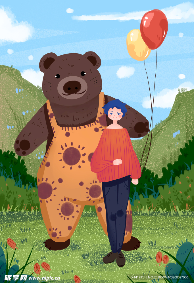 卡通熊和男孩儿童节插画图片