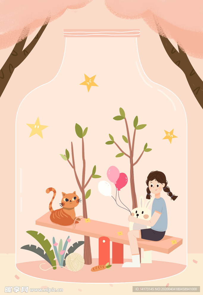 手绘女孩和猫插画