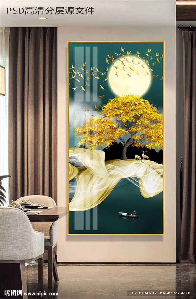 抽象艺术山水麋鹿发财树玄关装饰