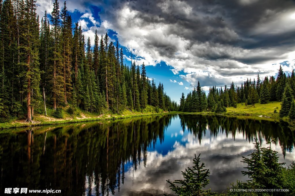 树木湖泊蓝天白云