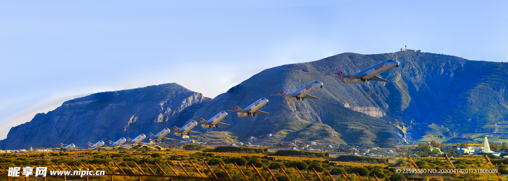 希腊圣托里尼机场飞机起飞连拍照