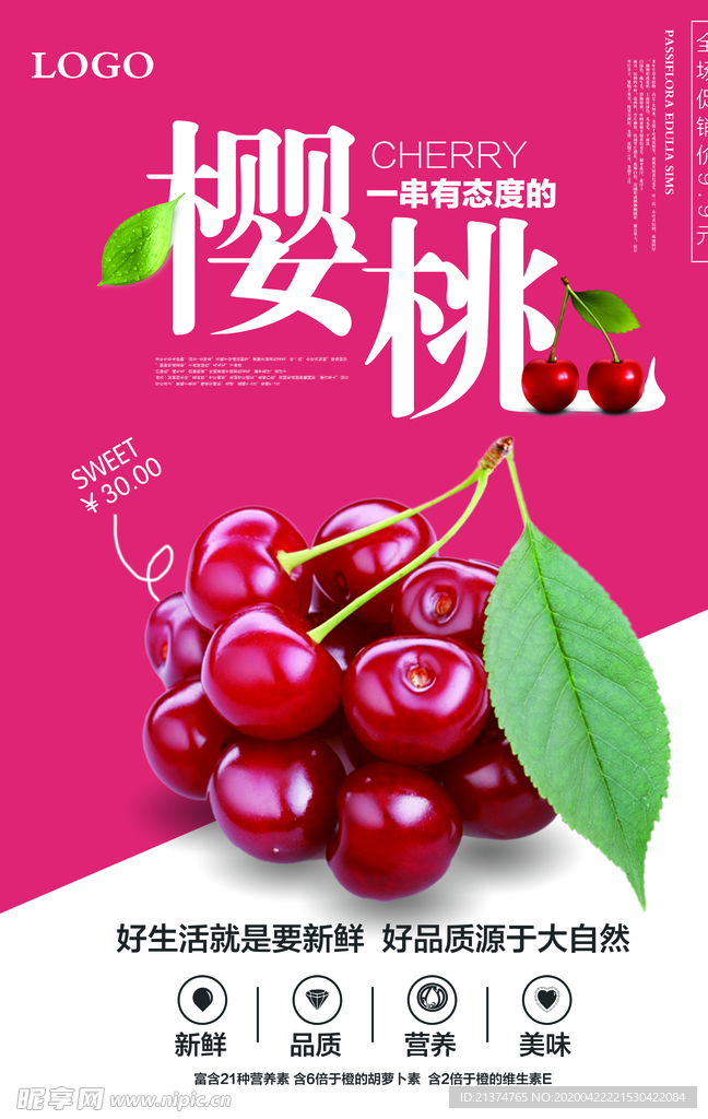 创意小清新风格樱桃水果海报