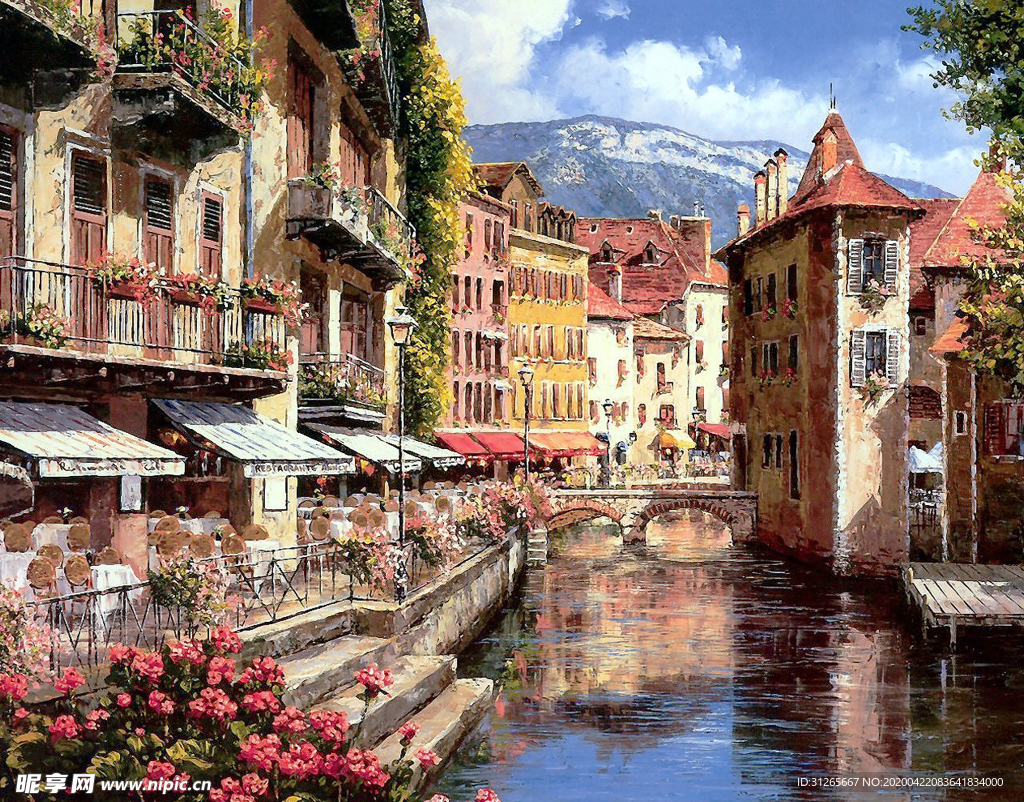 油画欧洲小镇高清喷绘素材